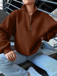 EURMUSE Women'S Solid Color Drop Shoulder Zip Up Sweatshirt - Brown - View 4