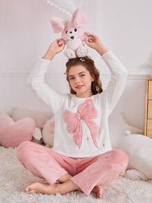 SHEIN 2pcs Teen Girl Autumn/Winter Sweet Minimalist Bow Embroidered Round Neck Long Sleeve Pullover Pajama Set With Soft Flannel Pants, Sibling Outfits (2 Pieces Sold Separately) - Multicolor - View 1