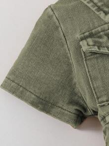 SHEIN 女婴优雅休闲牛仔短袖连体衣，带渔夫帽，夏季服装 - 軍綠色 - 查看 3