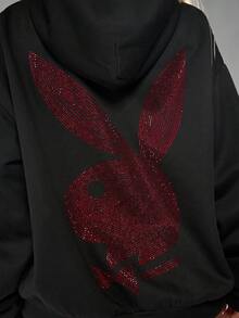 Missguided x Playboy 超大款连帽衫，饰有水钻兔子标志设计，适合休闲冬季街头服饰 - 黑色 - 查看 3