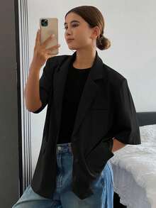 Livesso Women Casual Solid Color Short Sleeve Blazer, Fall Clothes Business Attire - Black - View 3