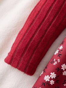 Tween Girl Round Neck Puff Sleeve Ditsy Floral Casual Dress Fall Winter - Burgundy - View 5