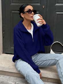 EURMUSE 女士拉链领宽松舒适保暖毛衣 - 藏蓝色 - 查看 3