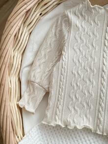 SHEIN Baby Girl Apricot Ruffled Hem Long Sleeve Top And Elastic Waist Flare Pants 2 Pieces Outfit, Autumn/Winter - White - View 6