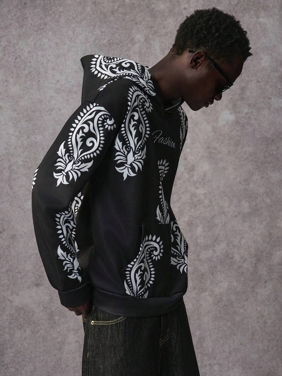 STYNVO Men's Casual Full Print Pocket Hoodie, Autumn - Black - View 1