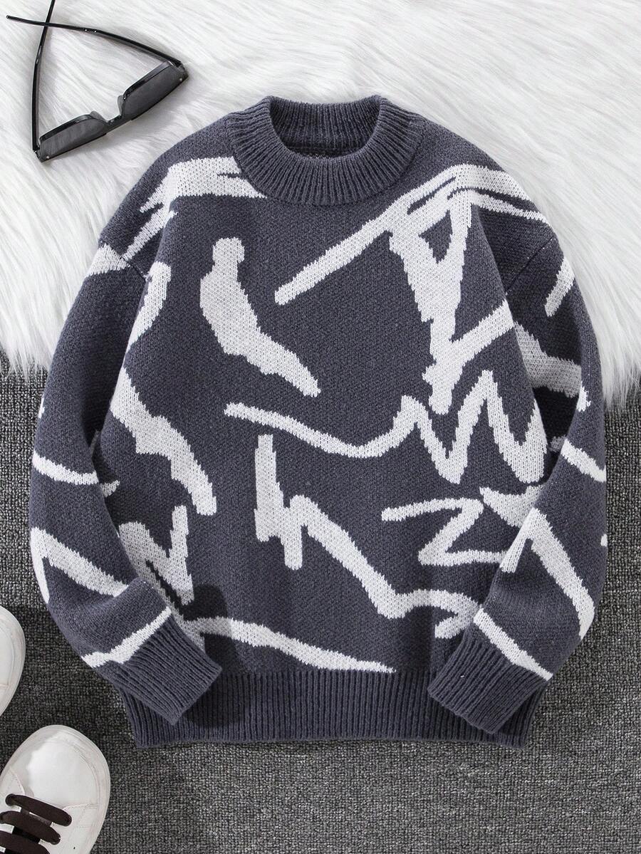 Tween Boy Distressed Graphic Texture Crew Neck Sweater,Dark Grey,Autumn,Streetwear,School,Back-To-School,Winter Fall Kids Clothes,Top - Dark Grey - View 1