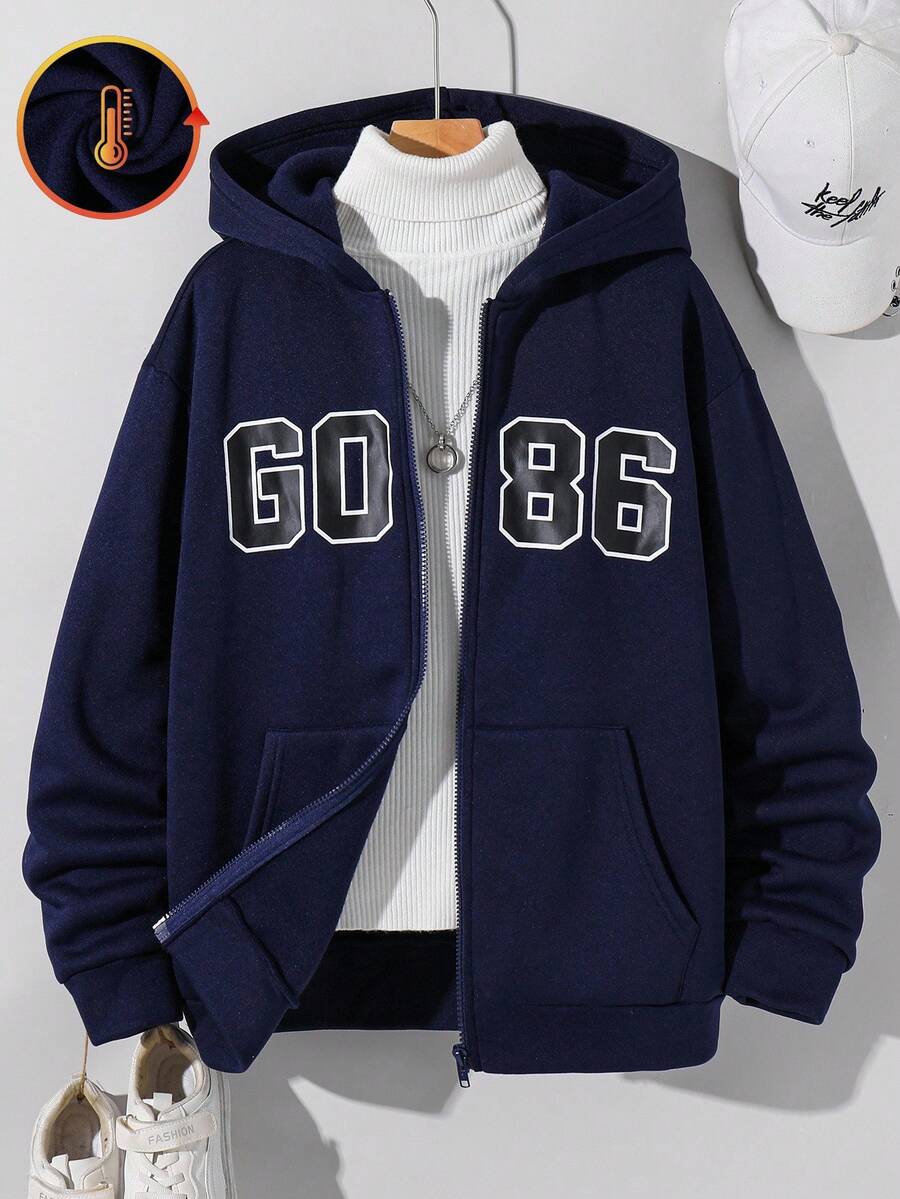 SHEIN Áo nỉ dài tay dáng rộng, khóa kéo, phong cách đường phố thường ngày dành cho thiếu niên nam, họa tiết chữ số và chữ cái, đa năng, phù hợp mặc ở nhà, đi làm, đi học, đi chơi hàng ngày, đi du lịch, dự tiệc ngoài trời, thích hợp cho mùa thu/đông. Áo nỉ màu xanh navy có khóa kéo dành cho nam thiếu niên. - Màu xanh hải quân - Xem 1