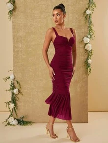 Hauture V Neck Ruched Mesh Mermaid Hem Cami Dress - Burgundy - View 6