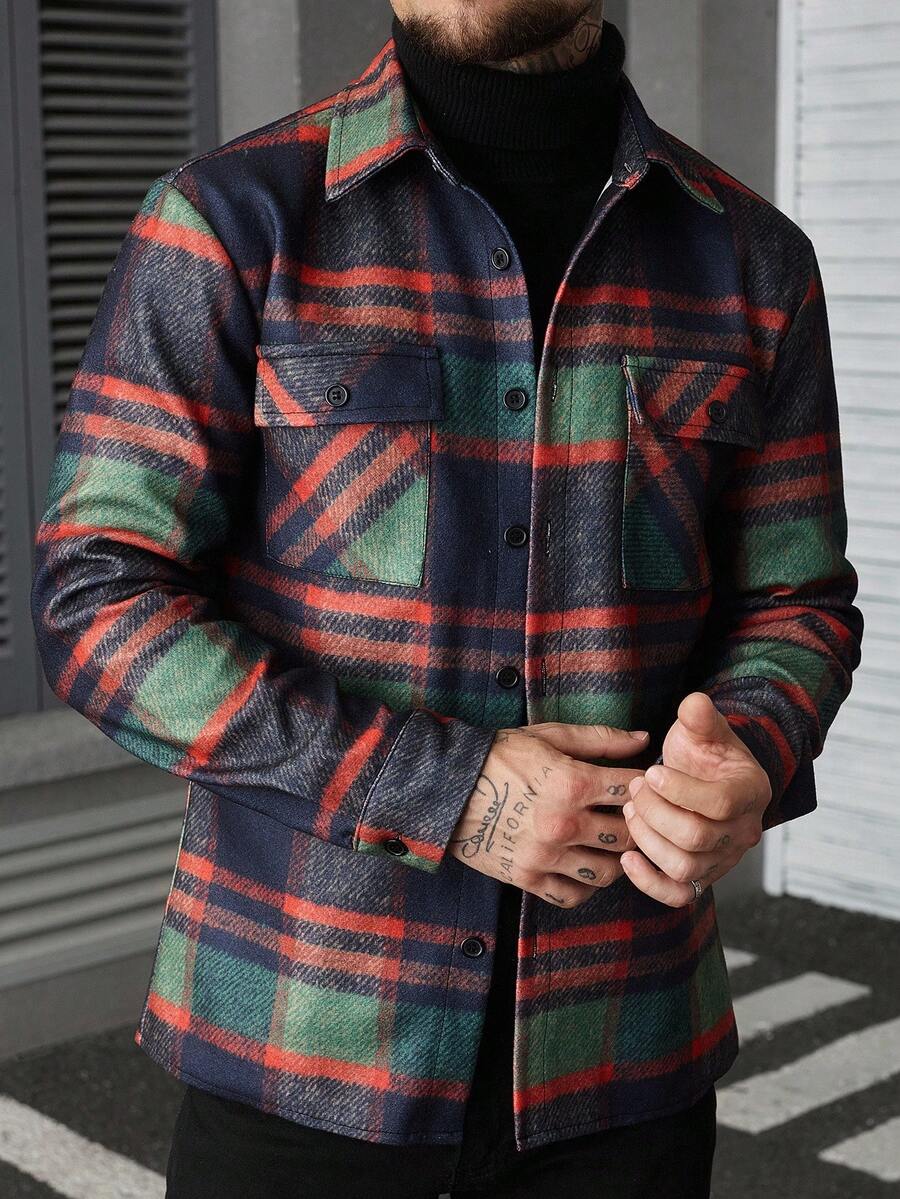 Manfinity Homme Men's Plaid Single-Breasted Casual Pockets Overcoat, Fall Winter - Multicolor - View 1