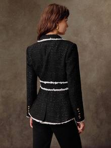 Lilora Women's Minimalist Tweed Business Blazer With Belt, Long Sleeve, Autumn/Winter,Business, Retro, Party, Resort, Outing, Old Money,Siren Coquettish, Prom, Ball, Valentine's Day, Cruise Attire, Commuting,  Richly Layered, Date Night, Gathering, Minimalism, Birthday, Formal Event,  Ibiza, Nashville, Break, Modest, Chic, Casual, Shopping, Street Wear, Going Out, Coquette,Sexy,Vintage,Street Wear,Boho,Formal,2000s Style,Casual,Hippie,Retro,Old Money Style - Black - View 3