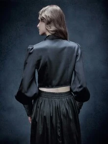 Glisette 休闲街头风格黑色梭织短款褶领长袖衬衫，女式，夏季/秋季 - 黑色 - 查看 3