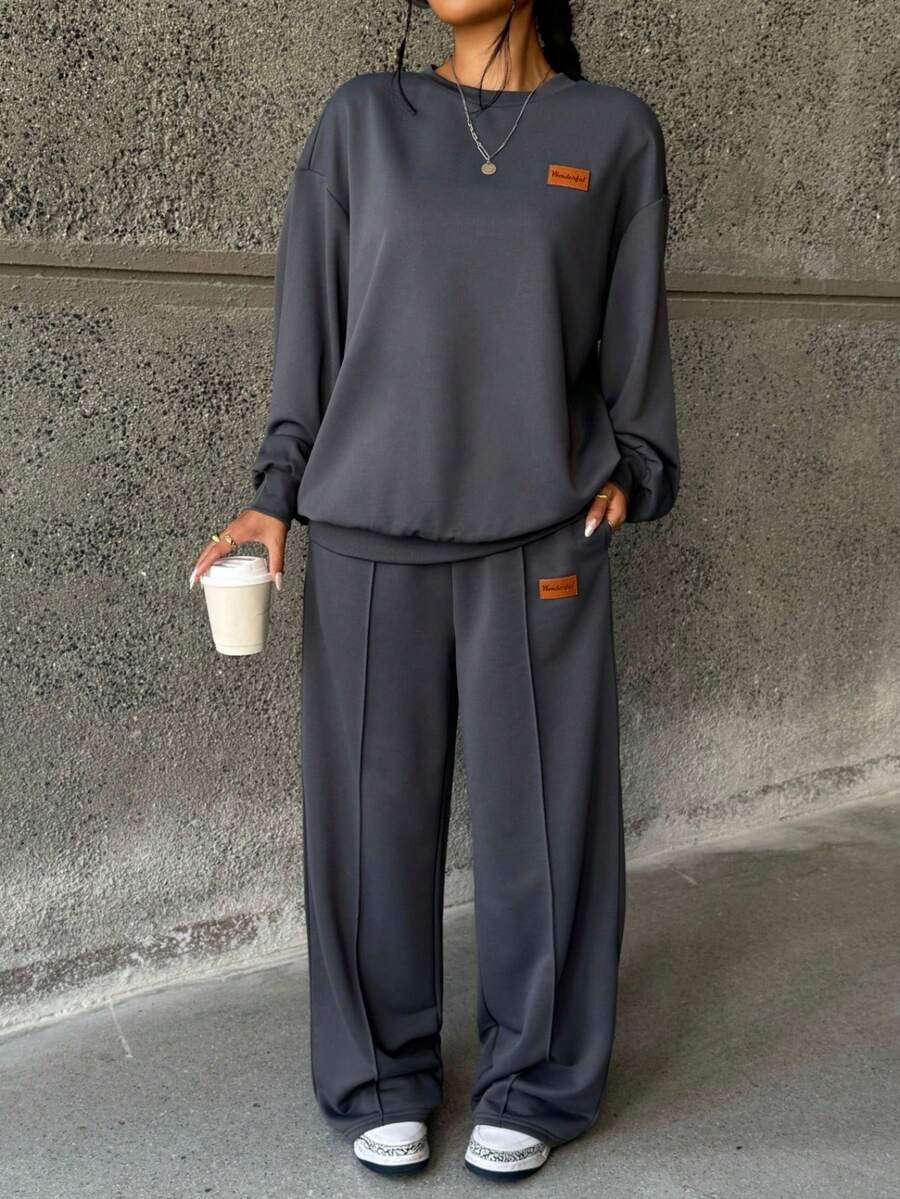 SHEIN Teenager Mädchen 2 Stücke Set: Locker sitzender Rundhals-Sweatshirt mit Patch-Dekor & weite Hose, lässiger Hausanzug