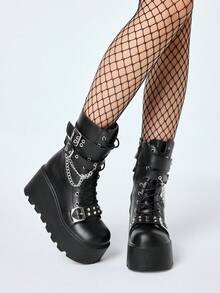 ROMWE Grunge Punk 2025秋冬新款圆头系带链条朋克厚底靴，皮革户外时尚一脚蹬中筒靴 - 黑色 - 查看 1