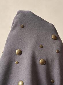 Bohemela BOHO 休闲纯色针织圆领古铜铆钉贴片长袖宽松水洗女式卫衣，秋冬 - 灰色 - 查看 8