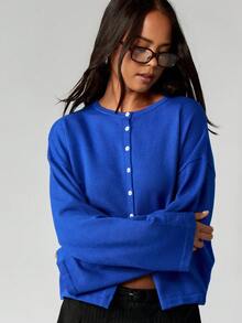 MISSGUIDED Relaxed Fit Button Front Cardigan Sweater Long Sleeve Knit Oversized Fall Winter Layering Essential - Blue - View 5