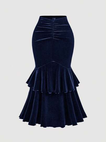 SHEIN MOD Plus Size Vintage Navy Blue Ruffle Hem Mermaid Skirt Dark Blue Skirt Navy Blue Skirt Velvet Skirt Tiered Skirt