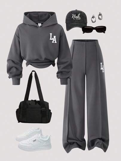 SHEIN Sparklyn Conjunto de 2 piezas de niña con top con capucha de manga larga con estampado gráfico de letra y pantalones de cintura con cordón, en unicolor y estilo casual de punto