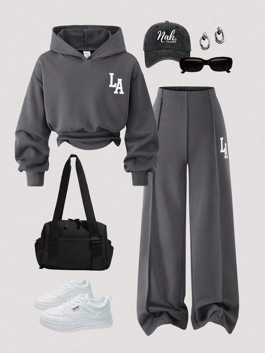 SHEIN Sparklyn 女孩休闲针织纯色正面图案字母印花落肩长袖抽绳腰部连帽衫上衣和裤子两件套