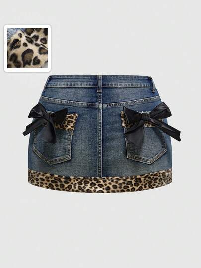 Kawaii Y2K Subculture Vintage Sexy Leopard Print Patchwork Bow Decor Plus Size Women Denim Mini Skirt, Autumn/Winter