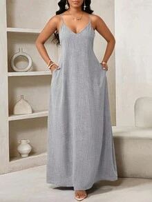 SHEIN Lady 2025 Đầm Maxi Rộng Thùng Thình Màu Xám Mới Cho Nữ Đầm Boho Hở Lưng Cho Nữ Đầm Maxi Rộng Không Dây Đầm Dự Tiệc Sinh Nhật & Sự Kiện/Đầm Ngày Lễ Trang Phục Kỳ Nghỉ Cho Nữ Boho/Bohemia/Boho Quần Áo Cho Nữ Áo Halter Top Quần Áo Cho Phụ Nữ Châu Phi Đầm Cho Nữ Đầm Nhiệt Đới Mùa Hè Cho Nữ Hàng Mới Về Đầm Cho Nữ Đầm Đi Biển Đầm Phục Sinh / Đầm Phục Sinh Cho Nữ / Trang Phục Phục Sinh Cho Nữ - Xám - Xem 4