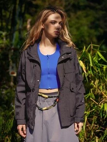 SHEIN Unity 春秋连帽夹克，前拉链，松紧袖口和下摆，可调节腰围 - 黑色 - 查看 5