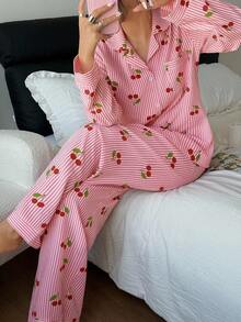 Dream Adore Striped Cherry Print Lapel Long Sleeve Top & Long Pants Women Pajama Set, Fall Winter Clothes