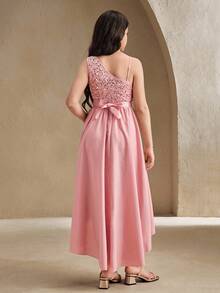Anewsta Flower Girl High-End Sequin One Shoulder Cutout A-Line Uneven Hem Mid-Length Dress, Suitable For Weddings, Formal Events, Birthday Parties