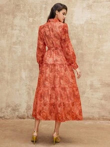 SHEIN Privé VITNOS New Elegant High-End Fashion Floral See-Through Burnt Orange Collar Pleated Ruffle Dress With Front Gold Button Closure, Waist Tie Belt, Suitable For Party And Events, Long Sleeve Maxi Dress For Women - Burnt Orange - View 3
