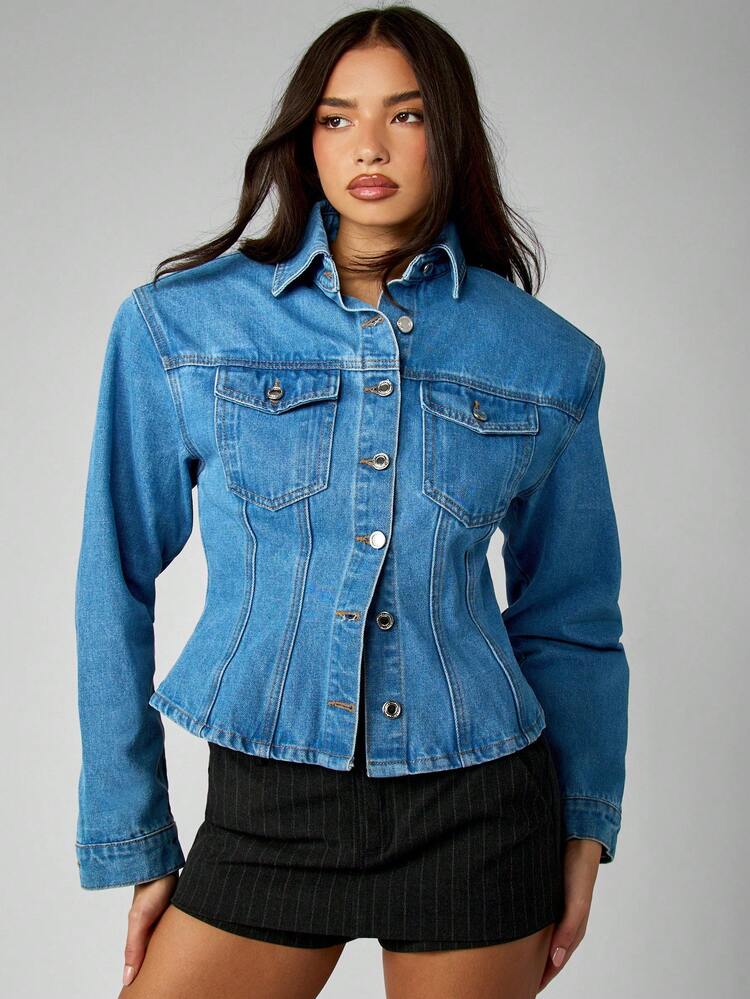 MISSGUIDED Cotton Women's Fitted Denim Trucker Jacket Corset Style Button Front Medium Wash Western Fashion Vintage Inspired Spring Fall Casual Outerwear