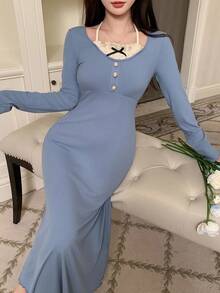 DAZY 针织束腰女士长睡袍，秋季睡衣 - 藍色 - 查看 6