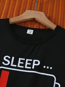 2pcs Boys Casual Sleepwear Set: Black Long Sleeve Top With SLEEP Print, Paired With Loose Red Plaid Pants, Soft Knit Fabric, Comfortable Loungewear Fall Winter - Multicolor - View 6