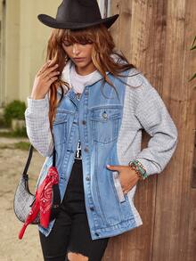EMERY ROSE Women's Casual Button-Up Denim Hooded Jacket, For Daily Wear - Blue - View 4