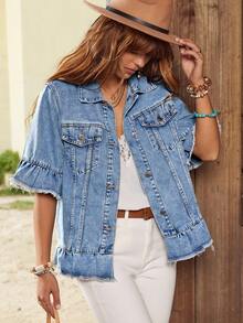 EMERY ROSE 女士休闲牛仔夹克，日常穿着的简约时尚 - 藍色 - 查看 2