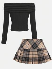 Girlism 少女秋季校园风服装，黑色露肩罗纹针织毛衣长袖 T 恤，卡其色格子百褶裙，休闲两件套 - 彩色 - 查看 3