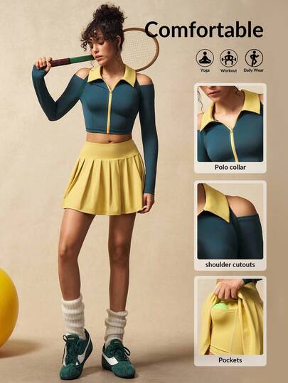 VARSIVA 女式撞色露肩长袖拉链短款夹克和褶皱短裙运动套装