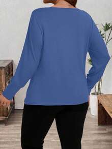 SHEIN Clasi Áo thun cổ tròn tay dài màu trơn thường ngày cỡ lớn dành cho nữ - Màu xanh lam - Xem 2