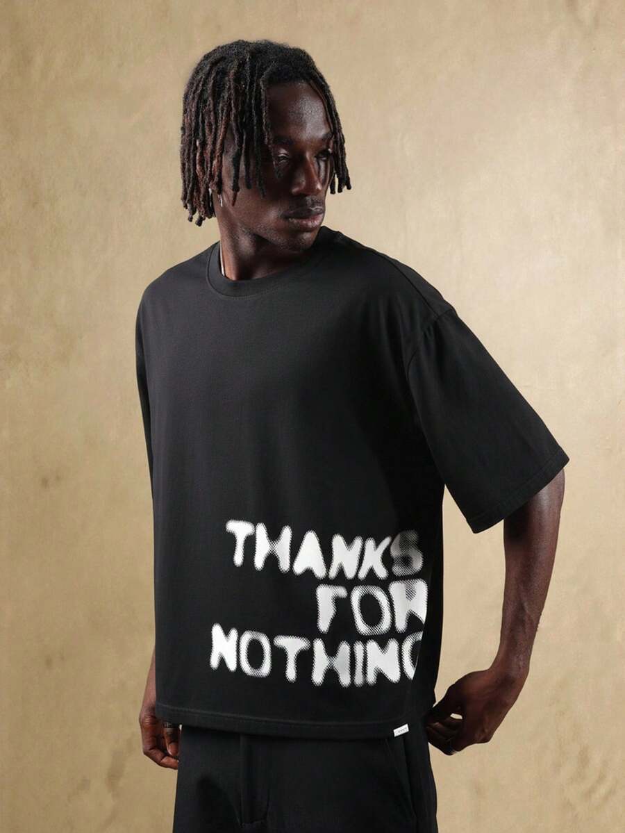 SUMWON Áo thun nam dáng croptop in chữ Thanks For Nothing đậm chất cotton thường ngày - màu đen - Xem 1