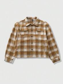 ROMWE MEN Street Life Men's Woolen Street American English Graphic Prep Plaid Printed Jacket, Autumn/Winter