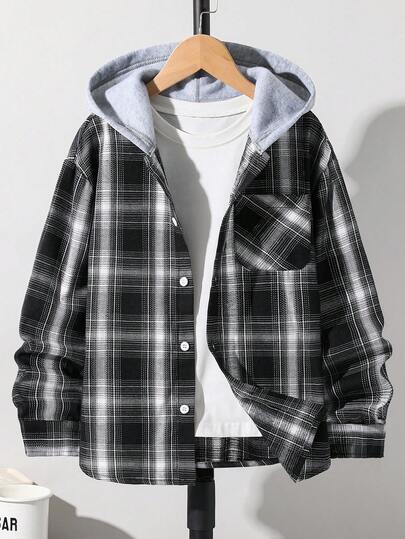 SHEIN Tween Boy Casual Plaid Colorblock Woven Button-Up Shirt, Baggy Shirt Teen, Jackets Hoodie With Conneted Pockets Boys, Shirts For Teens Oversized, Streetwear Teen Shirts, Teen Boy Jackets,Winter Clothing,Fall Outfits,Fall Clothing,All Clothes For Kids,Black Tops ,Fall Tops ,Winter Outwear,Black Long Sleeve Shirts,