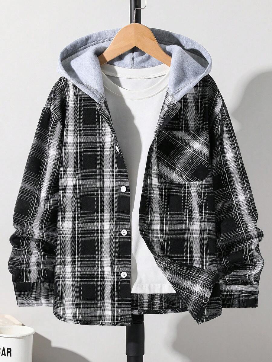 SHEIN 兒童青少年男孩黑白格紋拼接梭織鈕扣連帽襯衫,街頭風附口袋,夏季休閒校園返校冬季上衣 - 黑色 - 查看 1