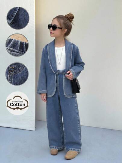 SHEIN 年轻女孩休闲纯色水洗 2 件披肩领牛仔夹克外套和裤子（不含 T 恤），纯色优雅简约百搭牛仔两件套，秋冬服装，儿童返校街头服饰，舒适百搭，适合 4-7 岁女孩，适合上学、居家和旅行