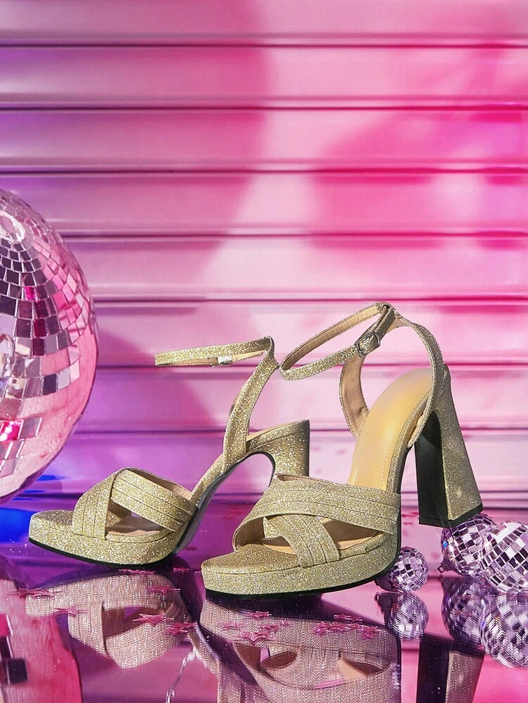 CUCCOO LuxiPop Stylish And Sexy Women's Gold High-Heeled Sandals Nightclub Charm Shiny Strap Combination Banquet Party Height-Enhancing Sandals