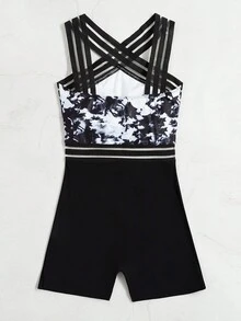 Swim Vcay Tie  Dye Contrast Mesh One Piece Swimsuit,Summer Beach - Black - View 7