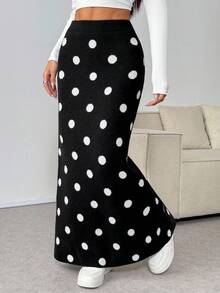 Chiquease 女式基本款简约波尔卡圆点可爱开叉下摆毛衣裙 - 黑與白 - 查看 4