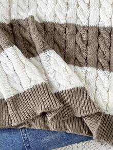 SHEIN Tween Girls Striped Color Block Cable Knit V-Neck Lantern Sleeve Oversized Pullover Sweater, Suitable For Autumn/Winter Outings Fall - Khaki - View 8