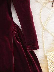 年轻女孩优雅可爱的长袖连衣裙 - 酒紅色 - 查看 6