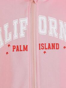 SHEIN Explorewe Oversized Teens Girls' Street Style American College Letter Print Loose Fit Zip-Up Hoodie Jacket, Featuring Distinctive English Letter Graphic Design, Relaxed Fit Allows Easy Movement, Versatile For Daily School, Hangout, Vacation, Sports, Party Wear In Autumn/Winter - Pink - View 8