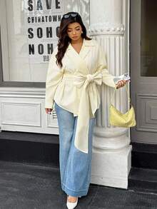 Easura Chemise grande taille pour femmes, couleur unie, ourlet asymétrique, épaules tombantes - Jaune clair - Voir 6