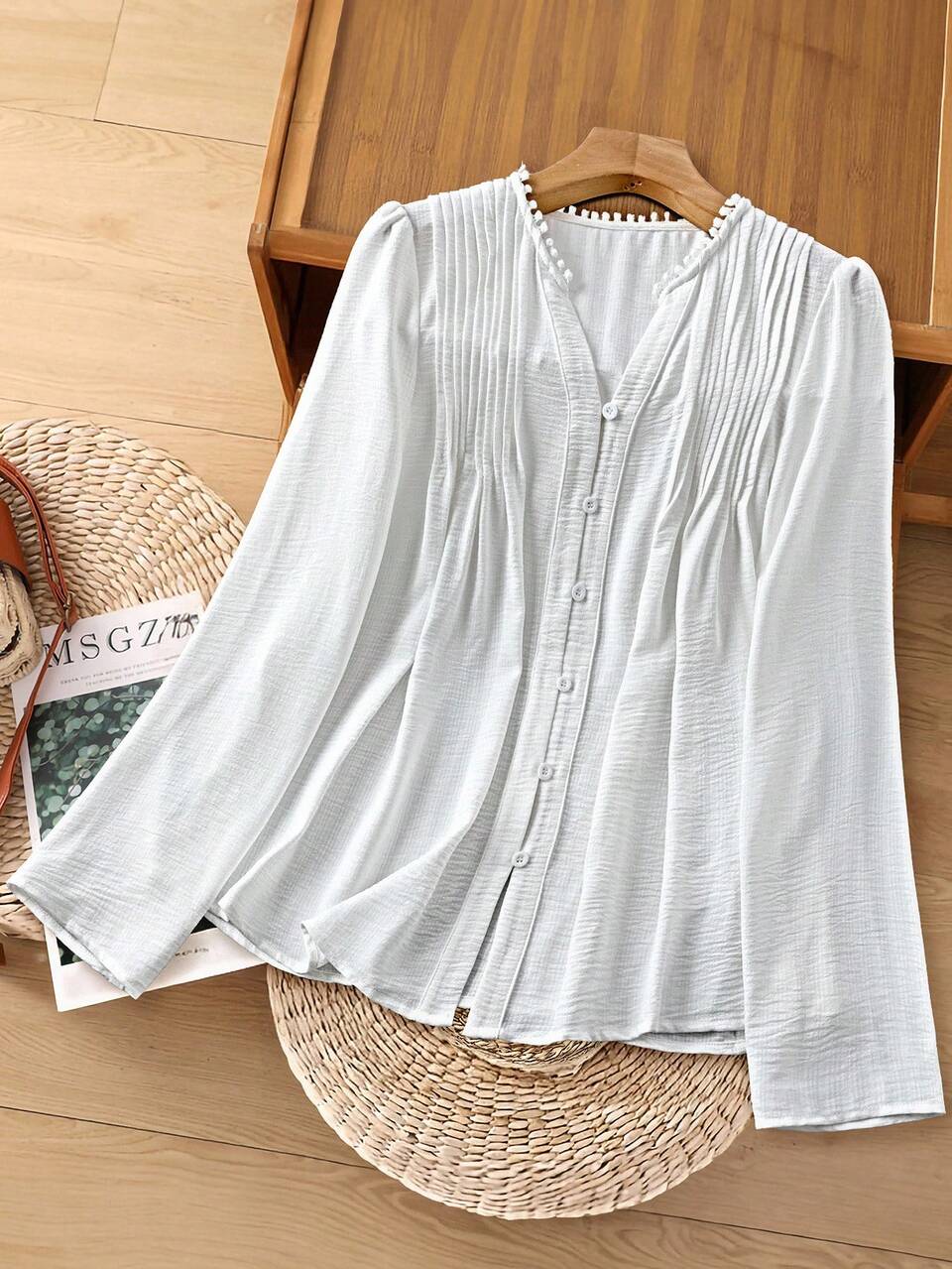 Women's Elegant White Autumn Office Blouse,Vacation Casual Solid Color Notch Collar Shirt,Fall Thanksgiving Tops,Winter Coat Fashion For Women