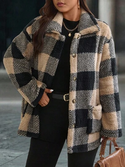 EMERY ROSE 秋冬大码女式格子休闲保暖羊毛大衣